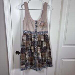 Humming Womens Vintage Brown Plaid Patch Dress Size M  Boho Pre-owned